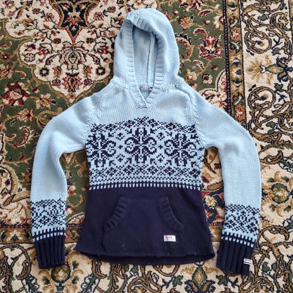 Mudd Hooded Crochet Sweater, Sky Blue & Navy, Sz M